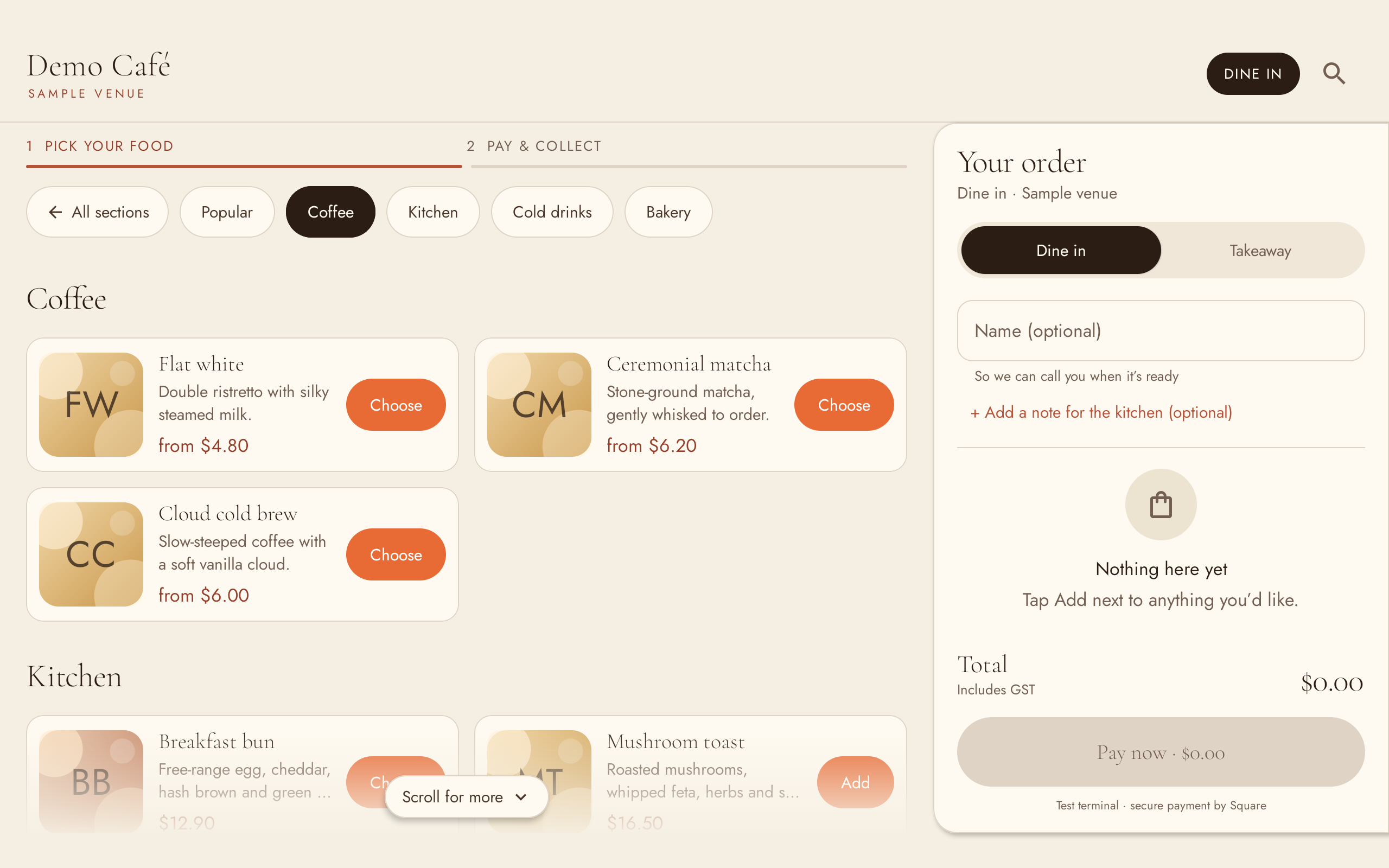 Servatto Kiosk menu with categories and order panel