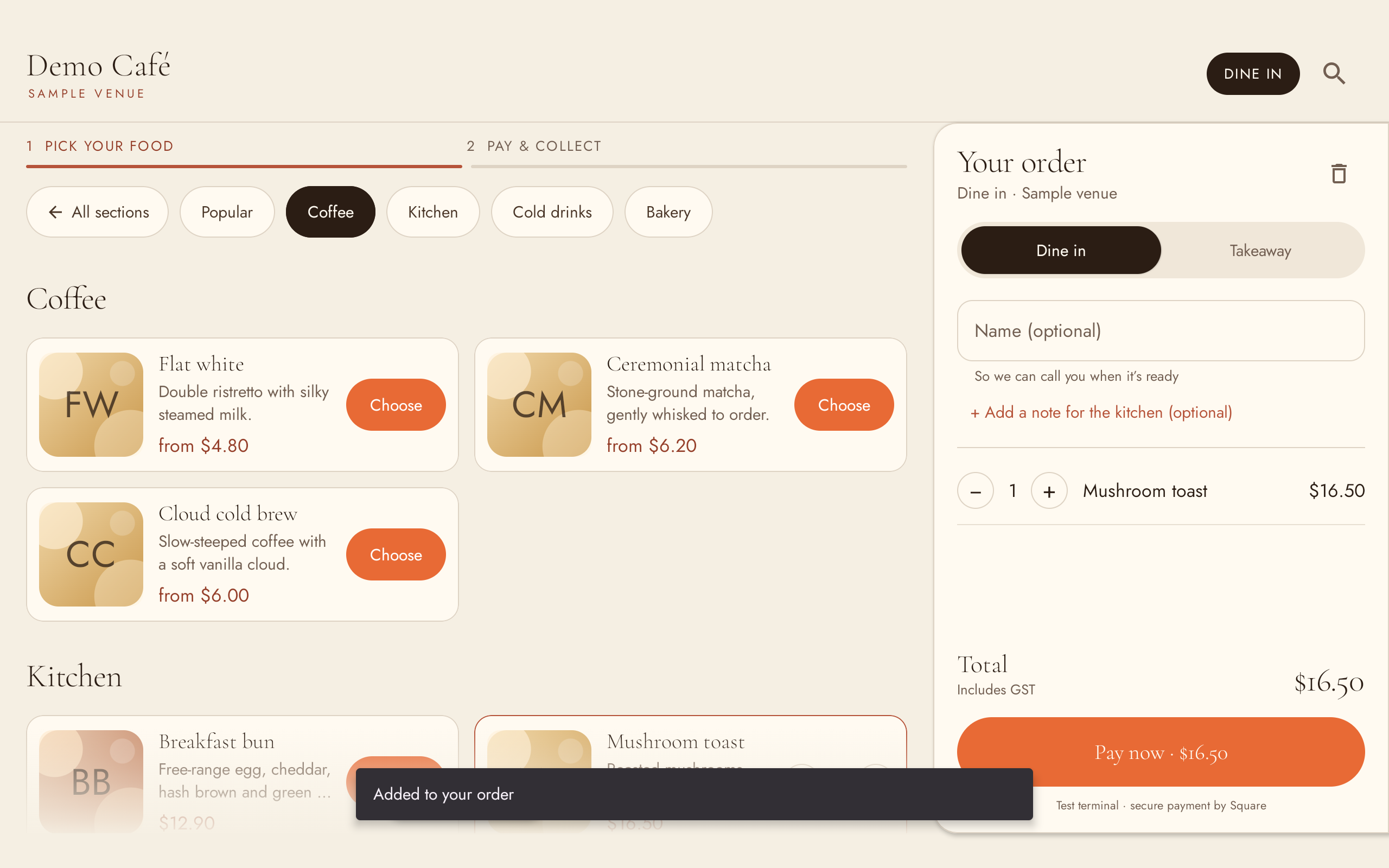 Servatto Kiosk with items in the order