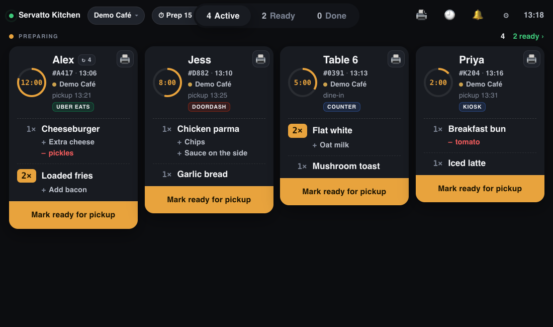 Servatto Kitchen with active order cards, timers, modifiers and pickup buttons