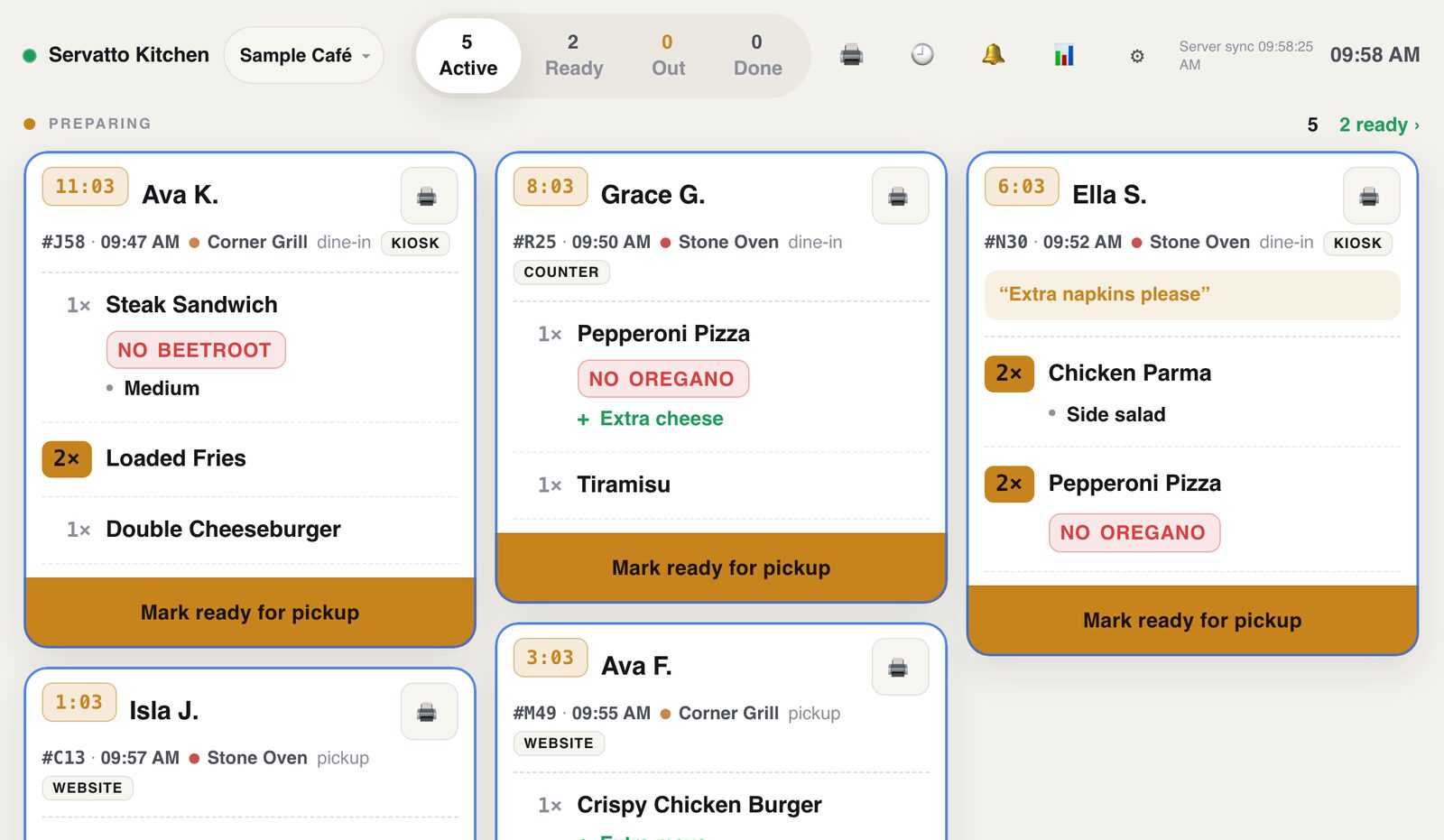 Servatto Kitchen with five sample orders: each card shows the customer's name, a timer, where the order came from (Uber Eats or Kiosk), the delivery driver, items with modifiers like No pickles, and a Mark ready for pickup button.
