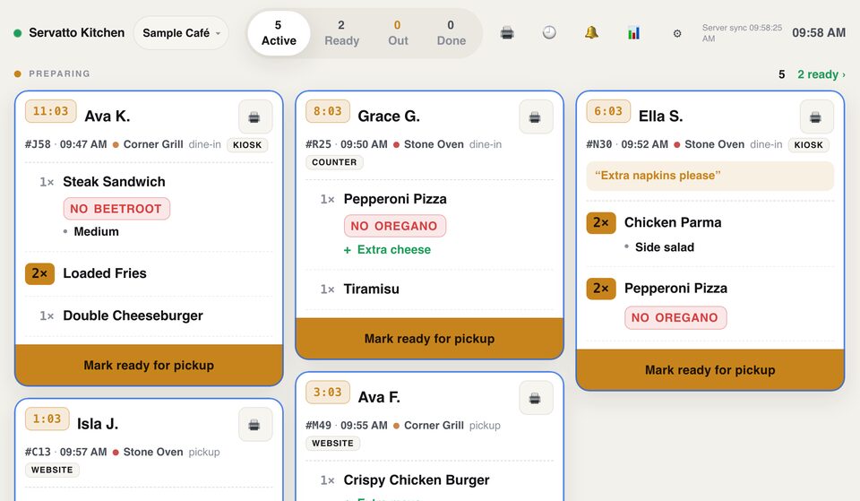 Kitchen order cards with timers, items and modifiers.