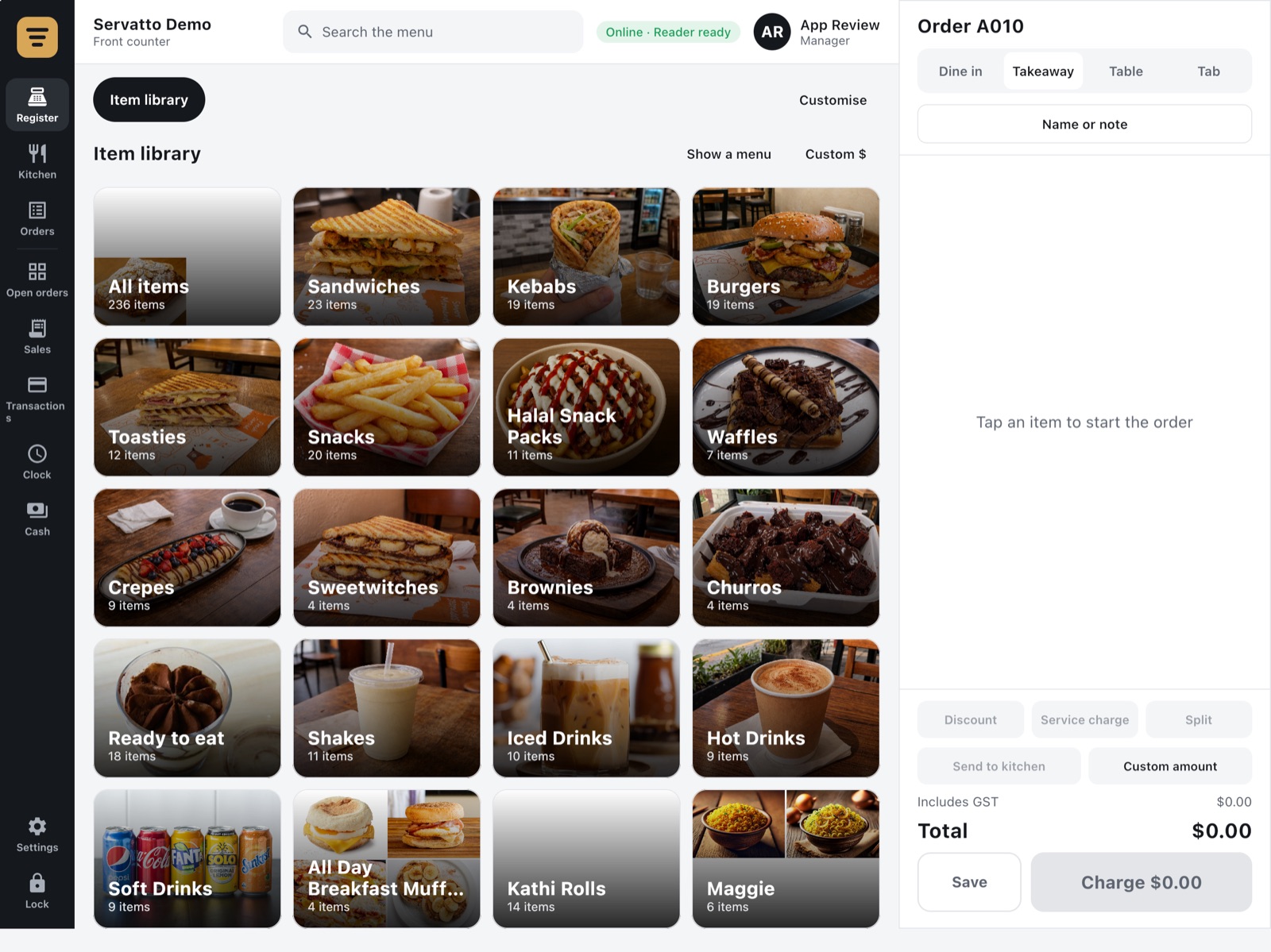 The Register's selling screen: menu categories with photos on the left, the order with Dine in, Takeaway, Table and Tab on the right.