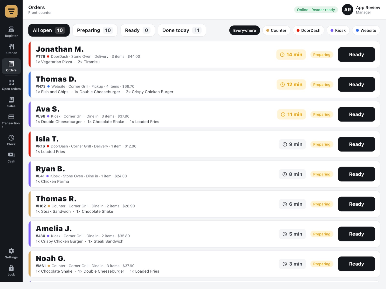 Servatto Register's order list: counter, kiosk, DoorDash and website orders together, each with a timer and a Ready button.