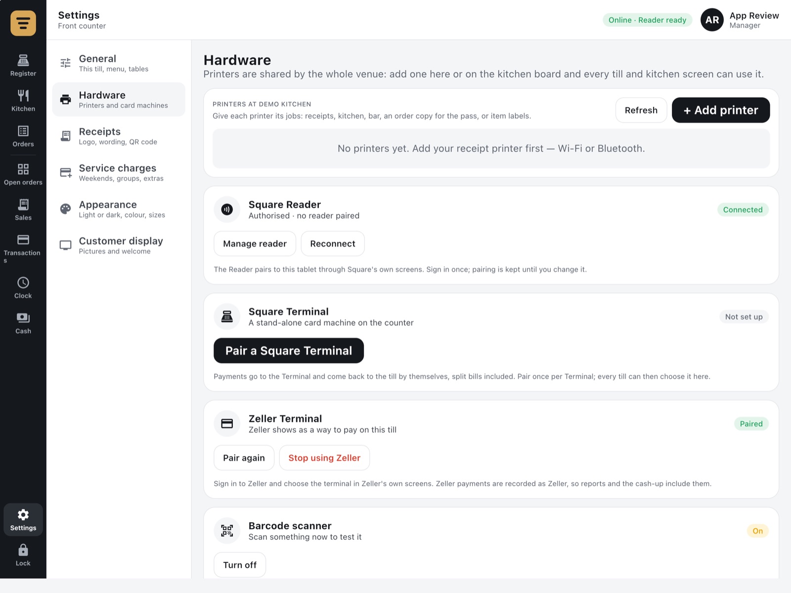 Register hardware settings: Square Reader connected, Square Terminal, Zeller Terminal paired, barcode scanner.