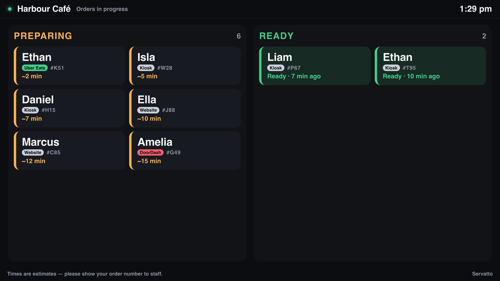 The customer TV: Preparing and Ready columns with customer names and times.