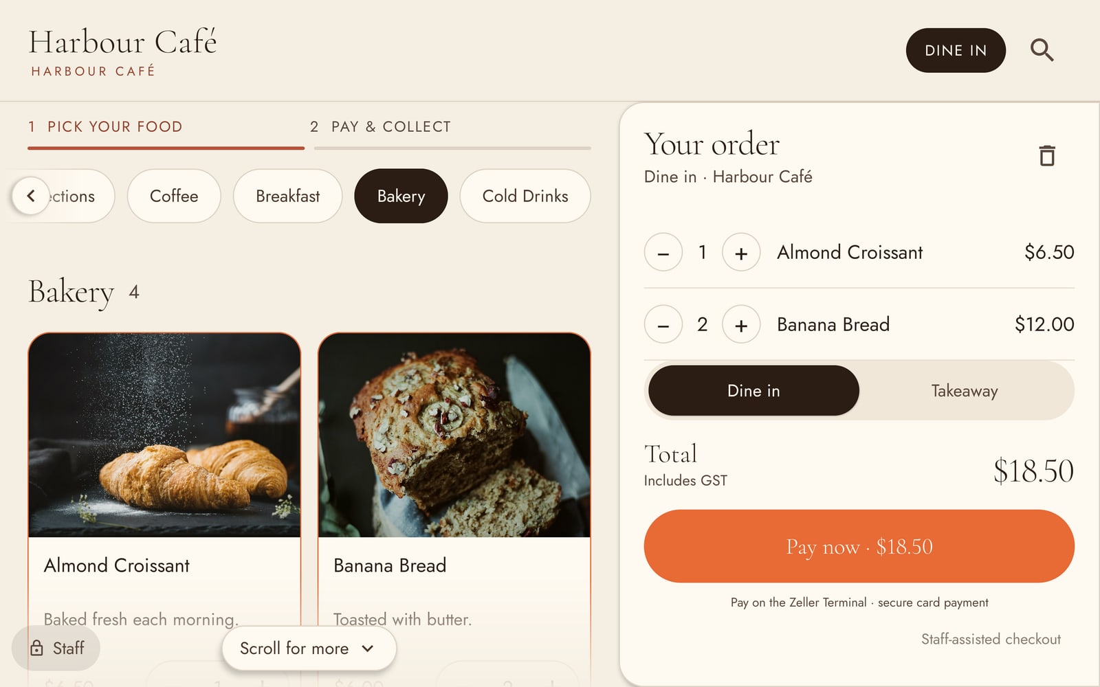 The kiosk's menu: coffee items with Choose buttons and the customer's order on the right.