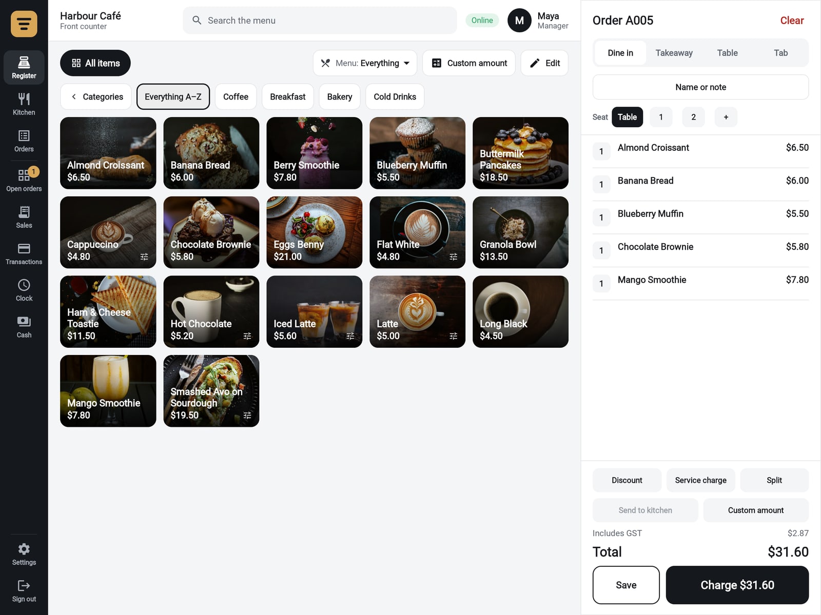 The Register's selling screen: menu categories with photos on the left, the order with Dine in, Takeaway, Table and Tab on the right.
